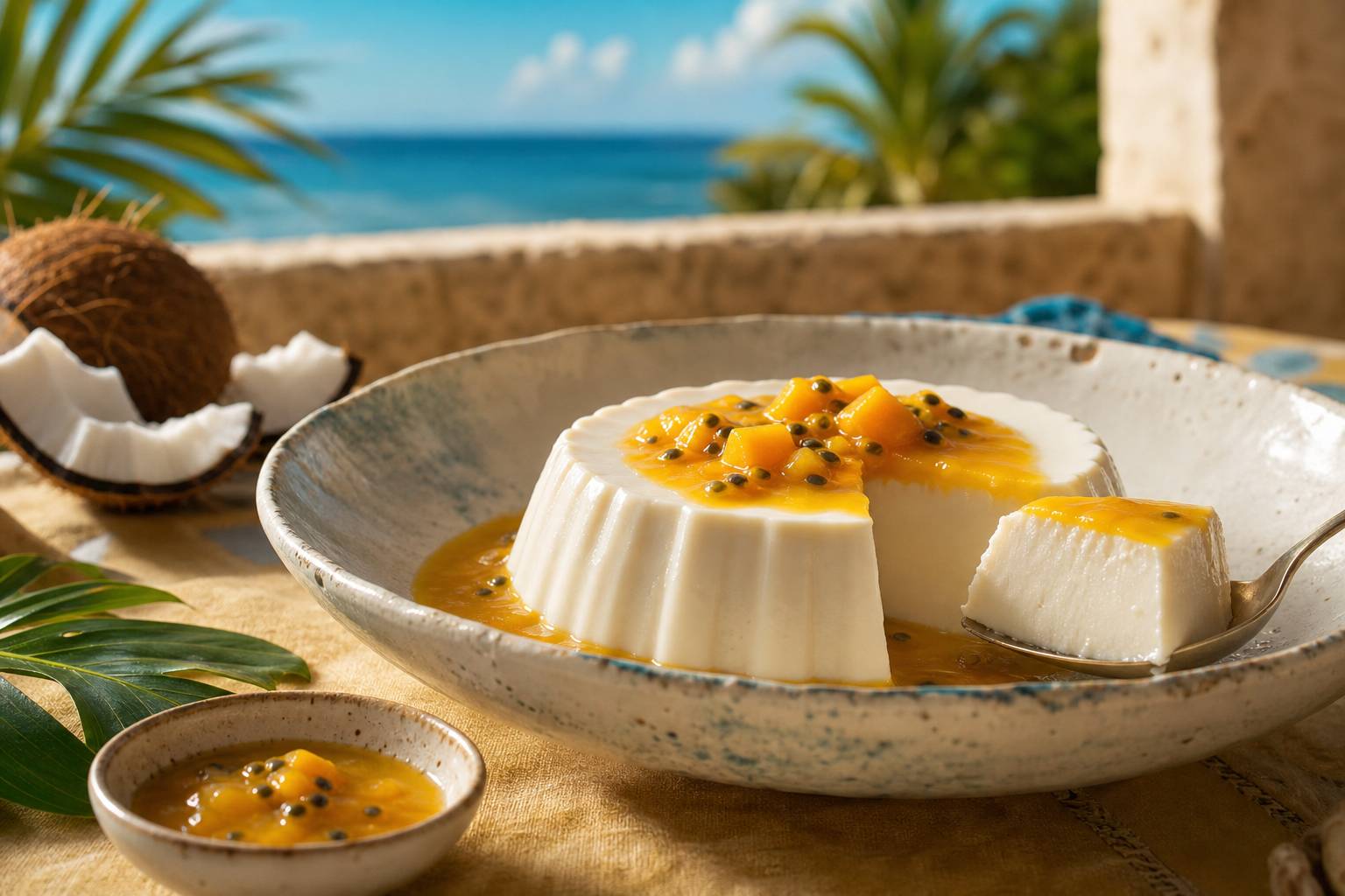 Flan crémeux noix de coco avec coulis de mangue et fruit de la passion