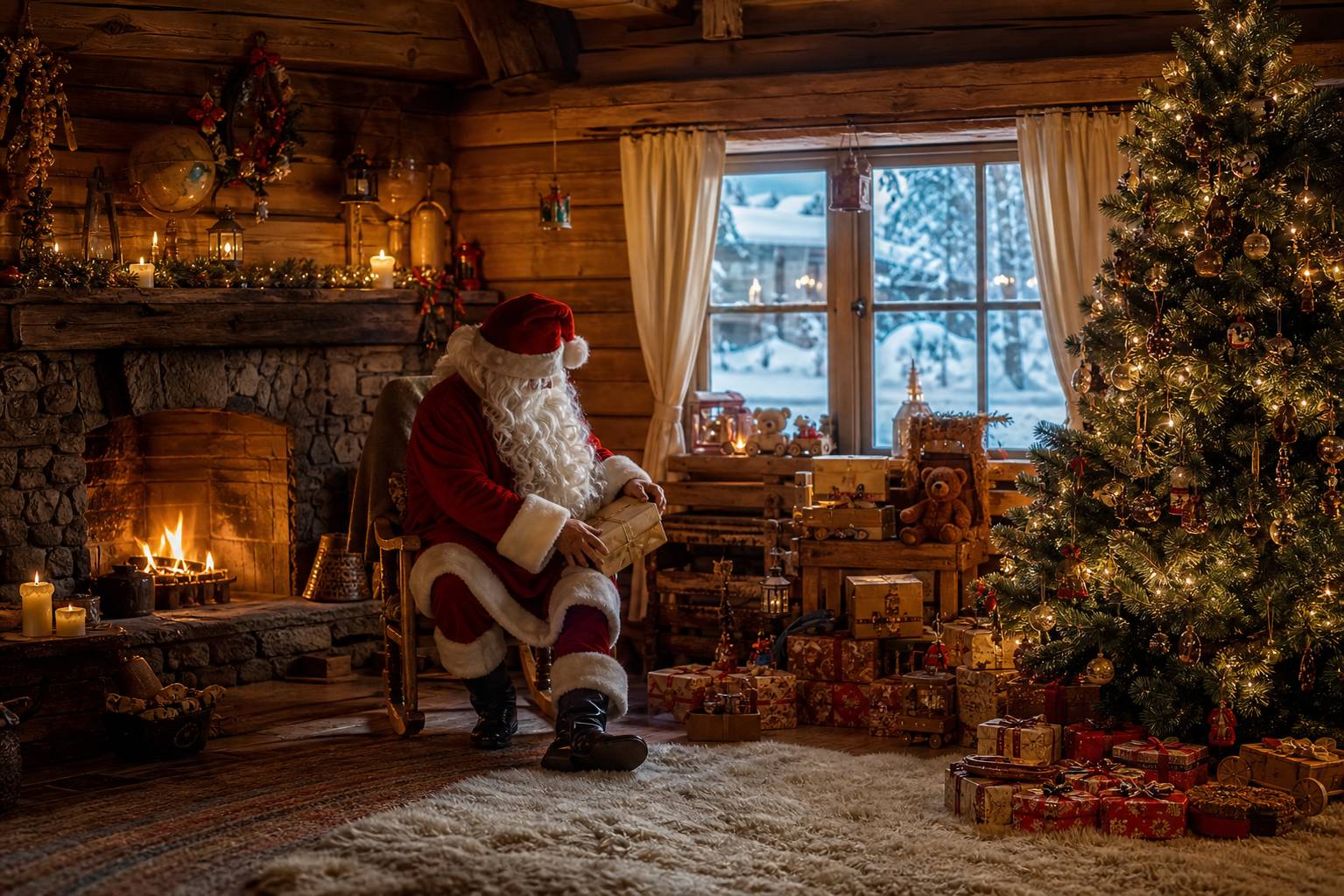 Interieur chaleureux du chalet du Pere Noel avec sapin decore et cheminee en Laponie