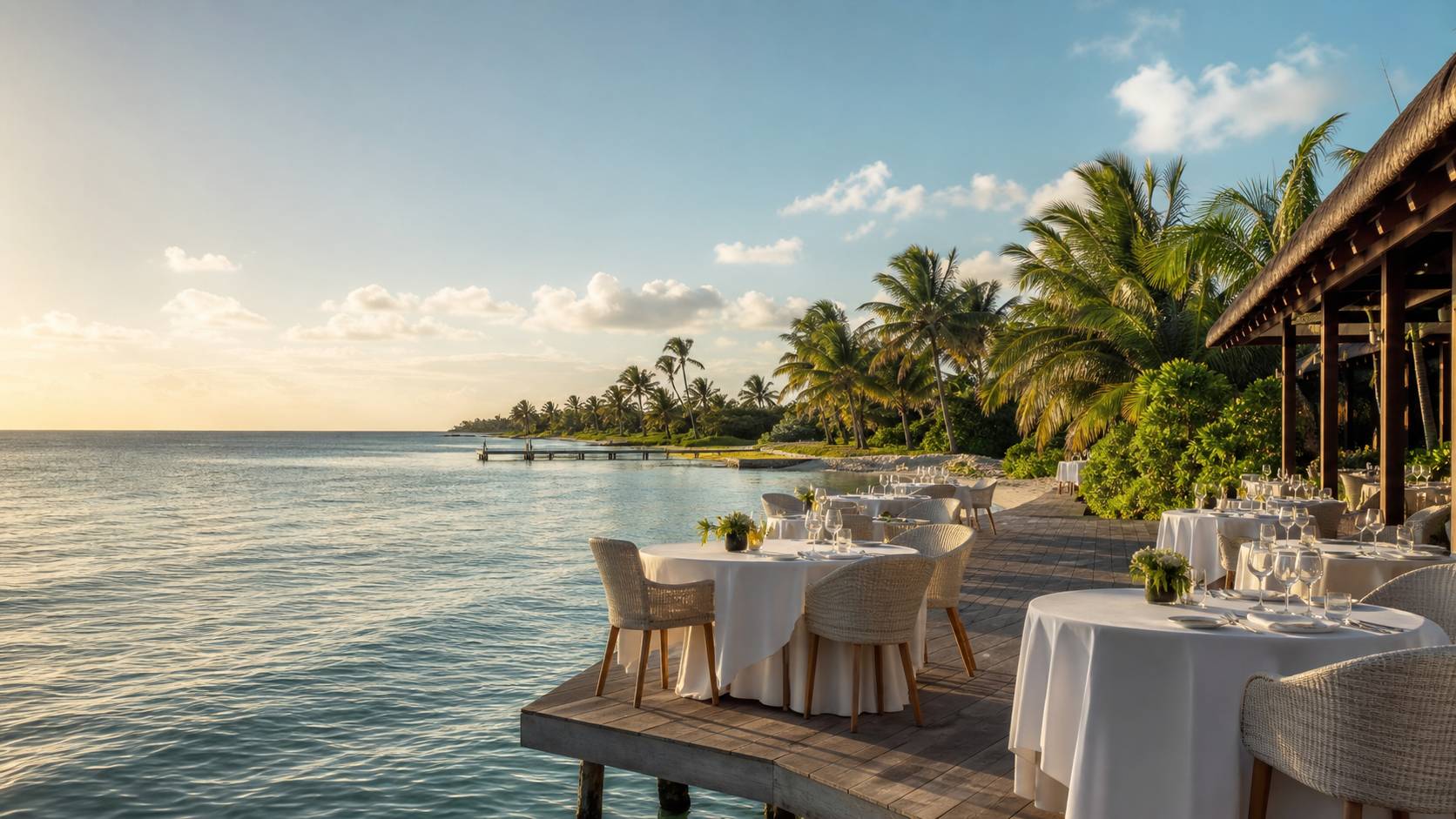 Restaurant sur pilotis au-dessus de l'eau turquoise ile Maurice