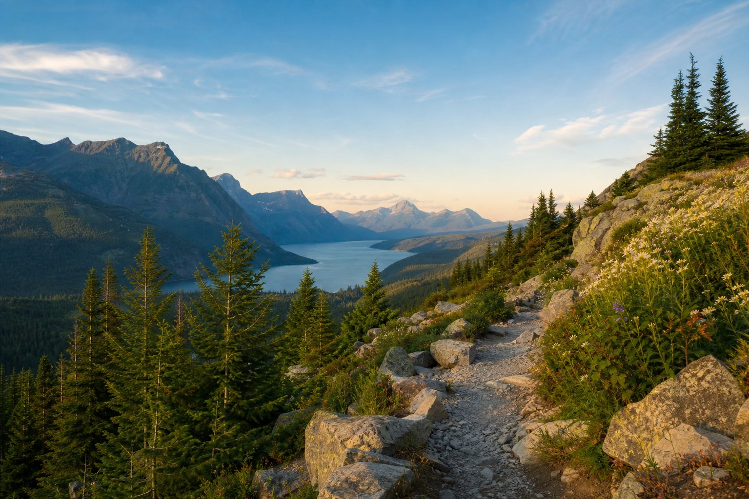 Sentier de randonnee serpentant a travers une foret alpine avec vue sur le lac du Lauvitel
