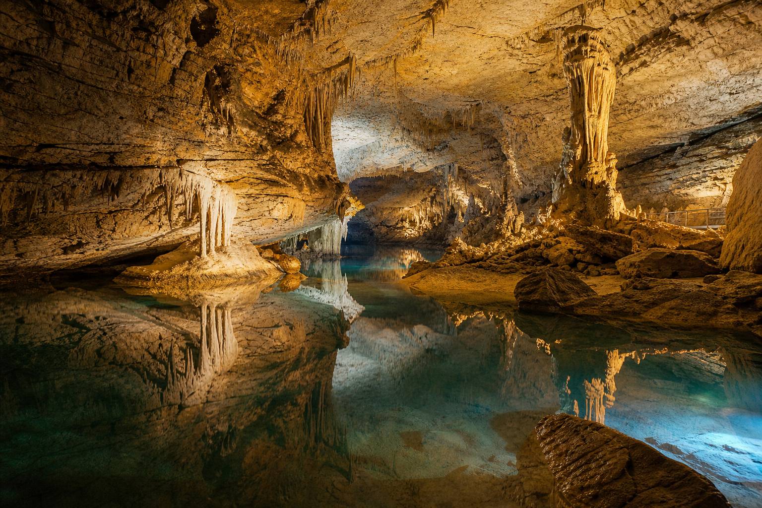 Stalactites et stalagmites spectaculaires avec lac souterrain dans les Grottes de La Balme