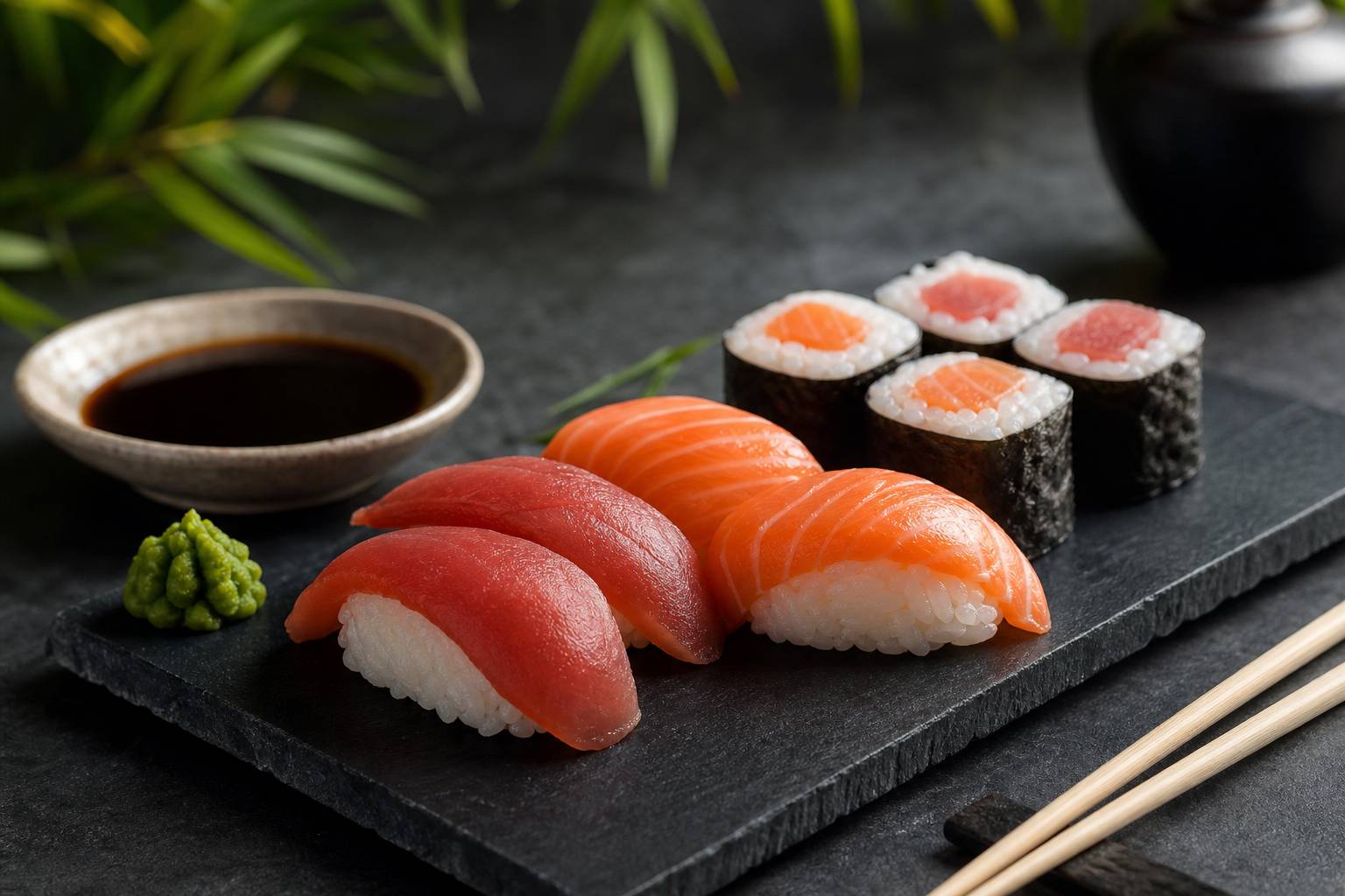Sushis frais avec wasabi vert, sauce soja et baguettes sur ardoise noire
