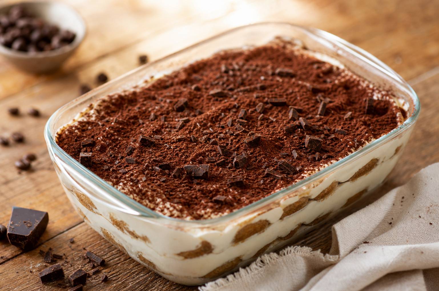 Tiramisu italien traditionnel avec couches de biscuit café et crème mascarpone cacao saupoudré