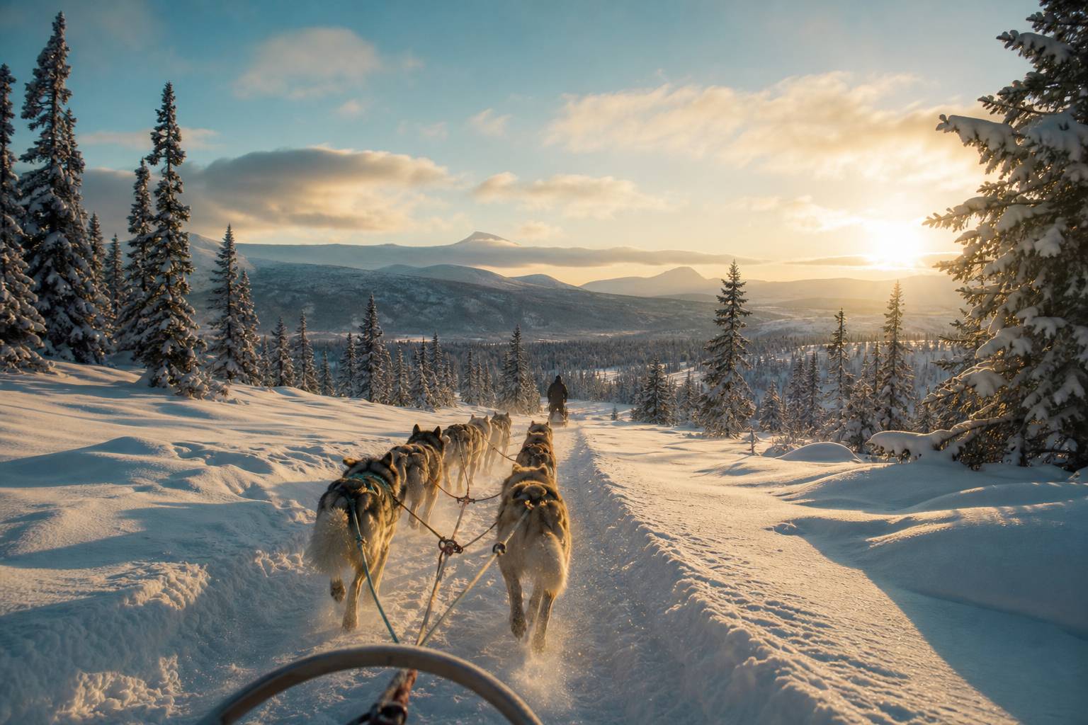 Chiens de traîneau courant dans la neige fraîche en forêt hivernale