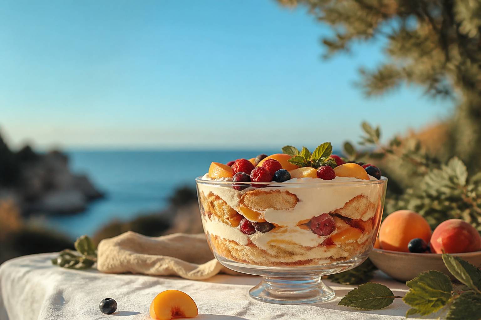 Saladier de trifle anglais aux pêches avec couches de fruits frais et crème onctueuse