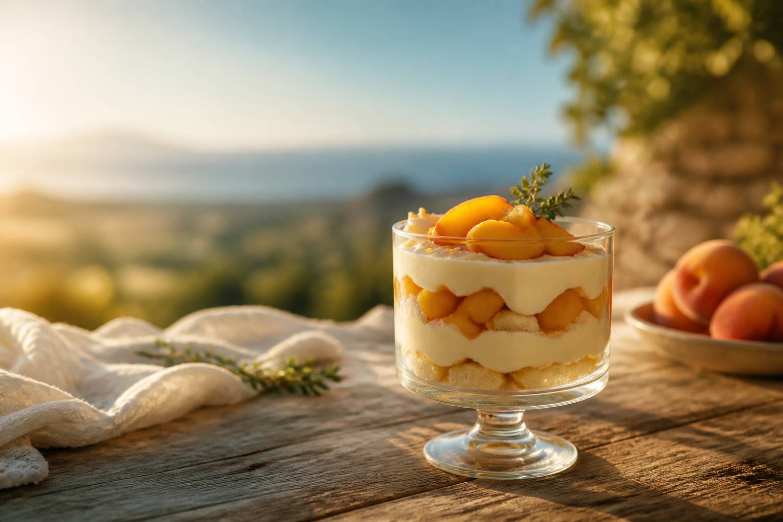 Trifle aux pêches dans un verre transparent, couches de crème vanillée et génoise, dessert anglais élégant