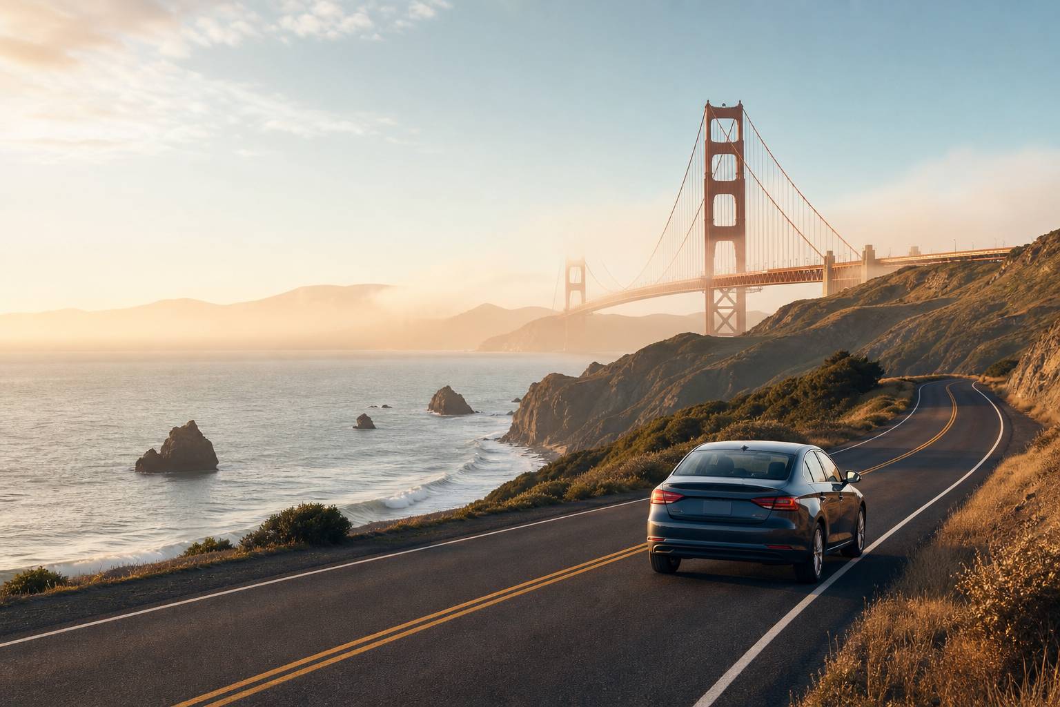 Vue panoramique de San Francisco avec Golden Gate Bridge au coucher du soleil, voiture sur route