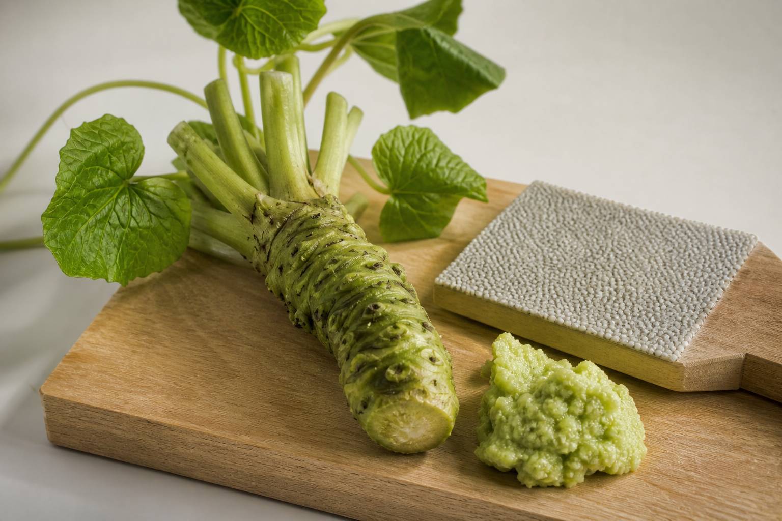 Racine de wasabi frais vert vif sur planche bois avec râpe traditionnelle en peau de requin