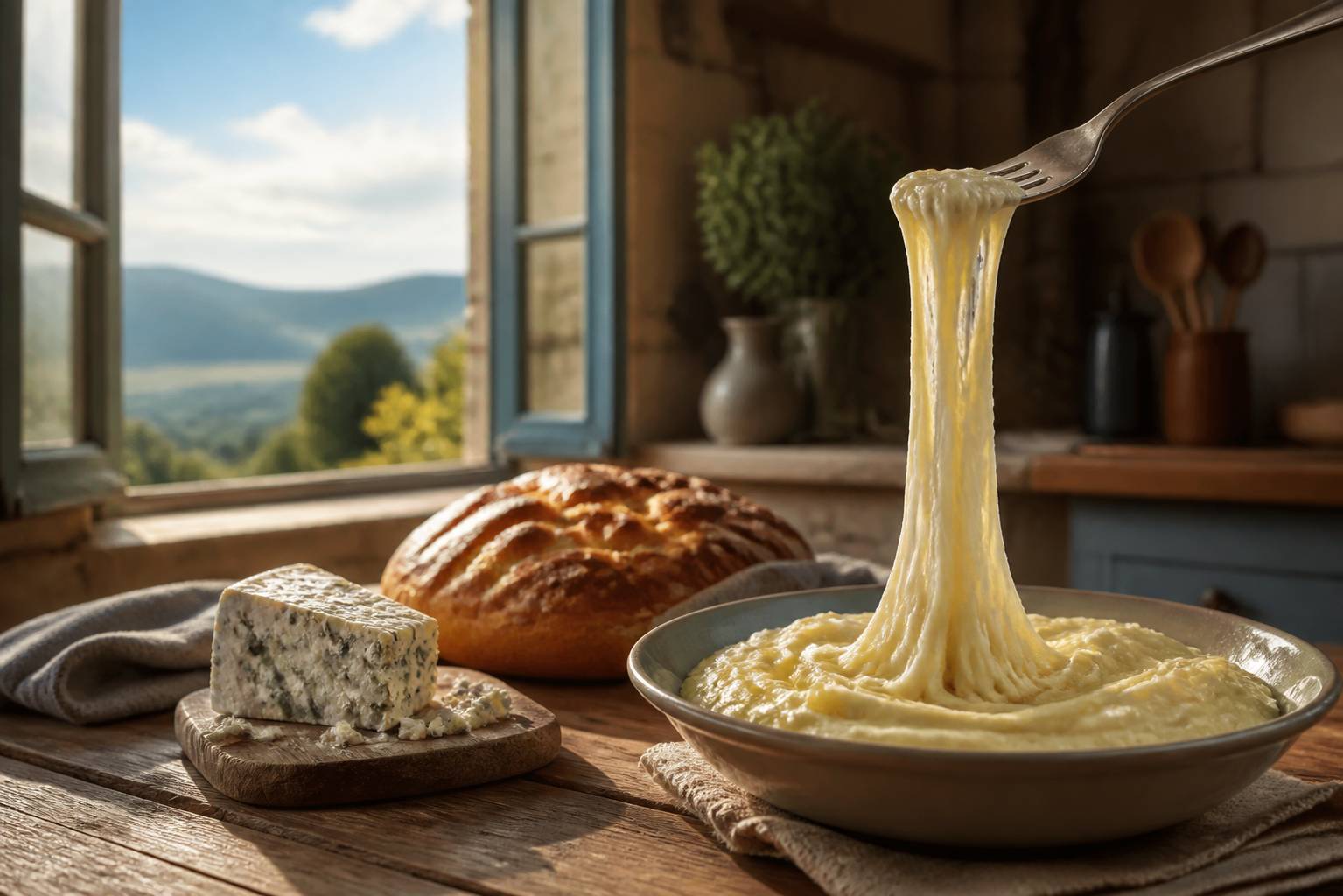 Assiette d'aligot filant avec Roquefort et fouace sur table de ferme