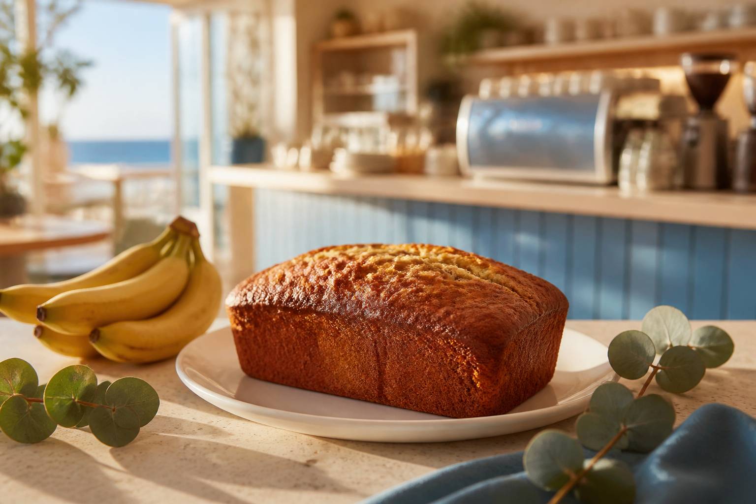 Banana bread doré dans un café lumineux avec des bananes