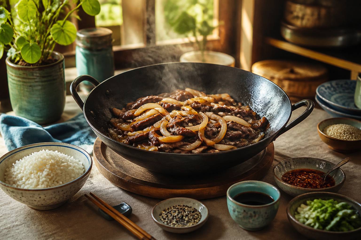 Wok avec bœuf sauté aux oignons et bol de riz jasmin