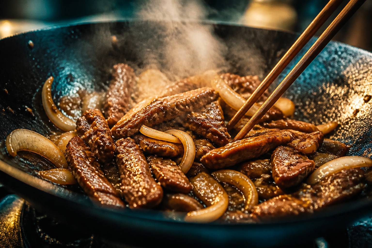 Lamelles de bœuf saisies avec oignons et graines de sésame dans un wok