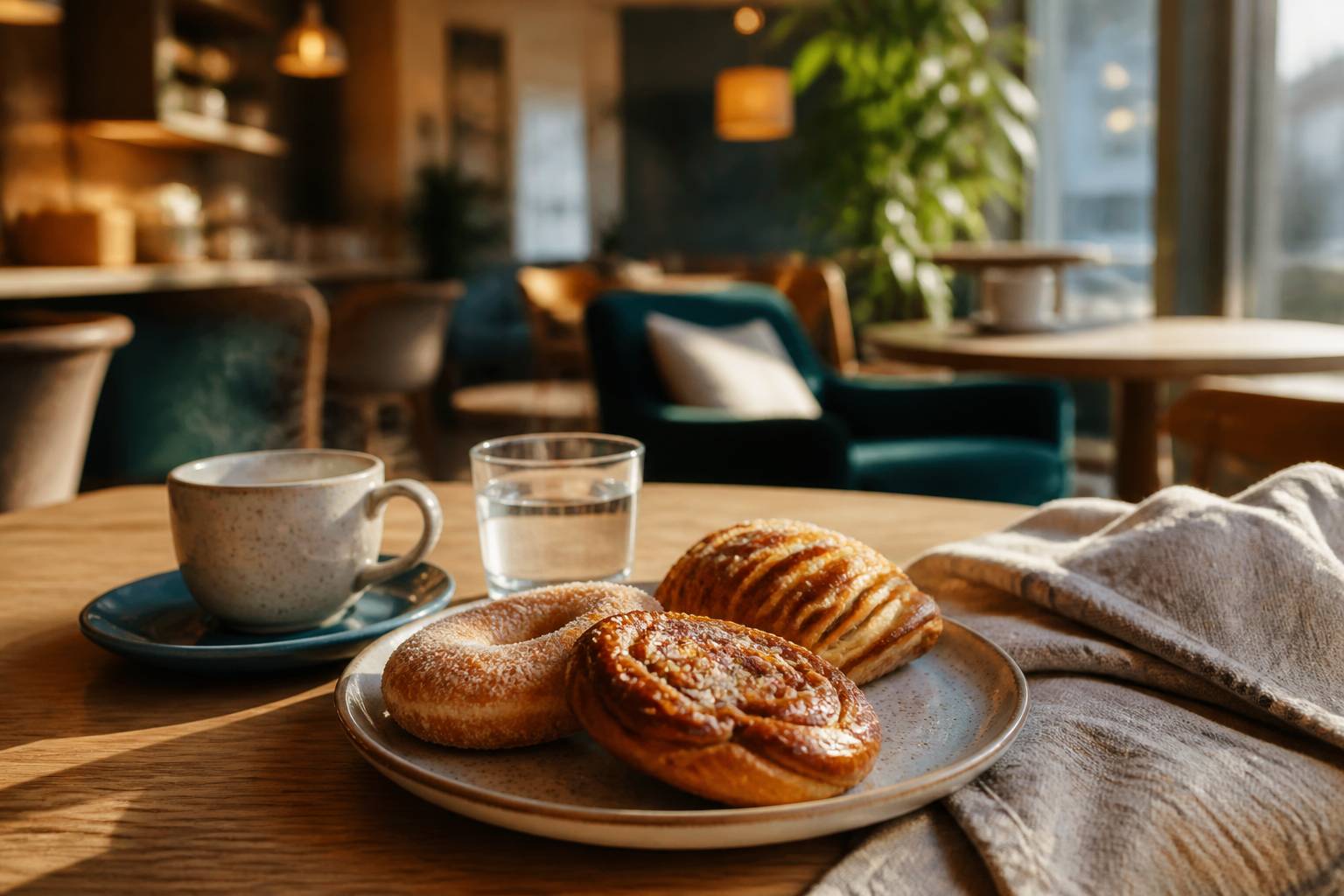 Table de café nordique avec pâtisseries et une tasse de café