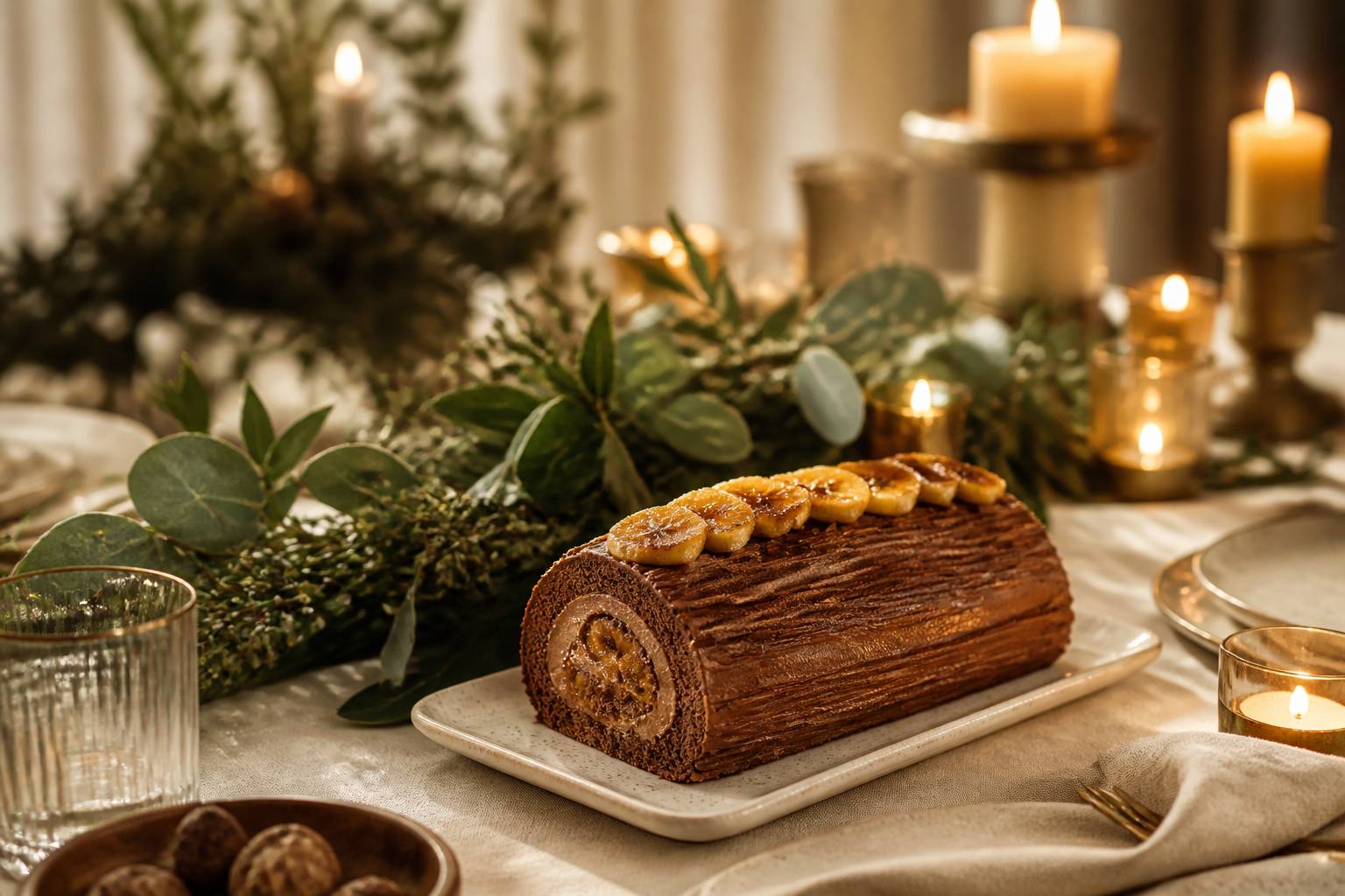 Bûche de Noël au chocolat garnie de bananes caramélisées sur une table de fête