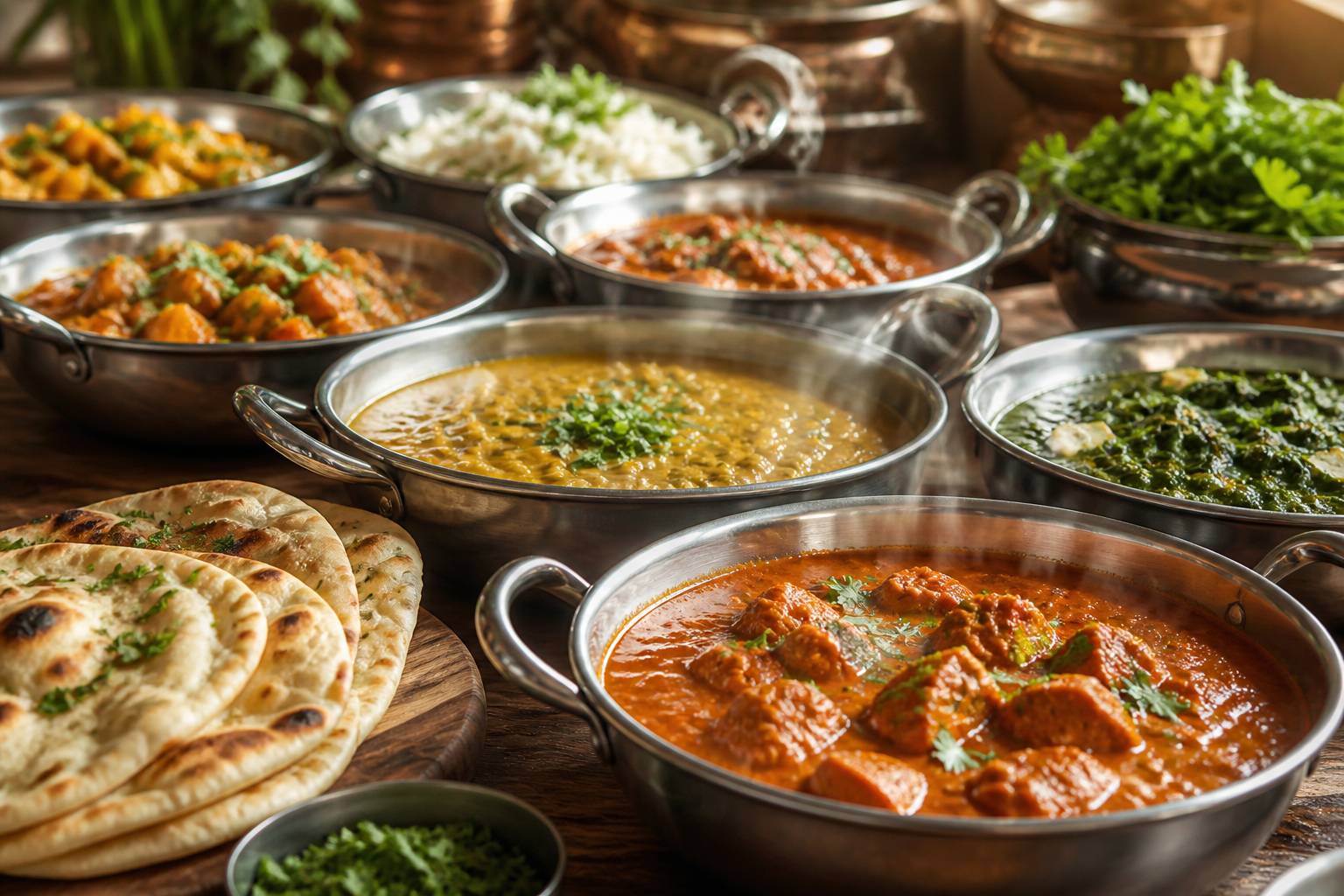 Buffet de restaurant indien avec plats de curry, légumes et naans fumants