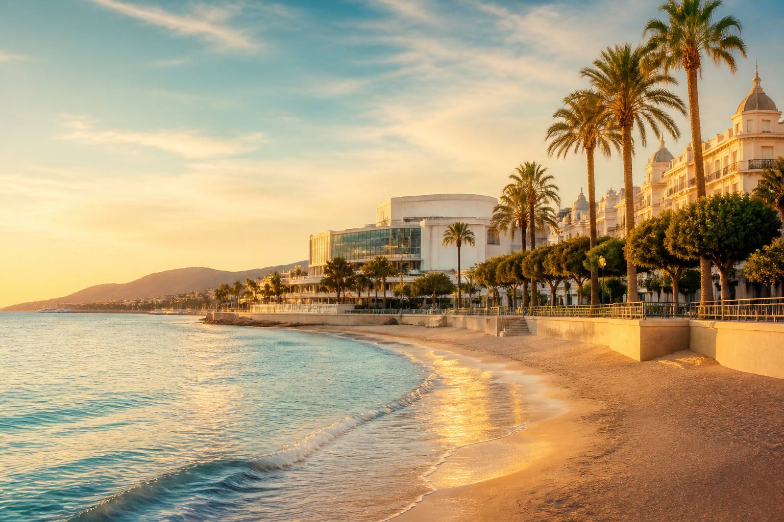 La Croisette de Cannes au coucher du soleil avec palmiers et baie