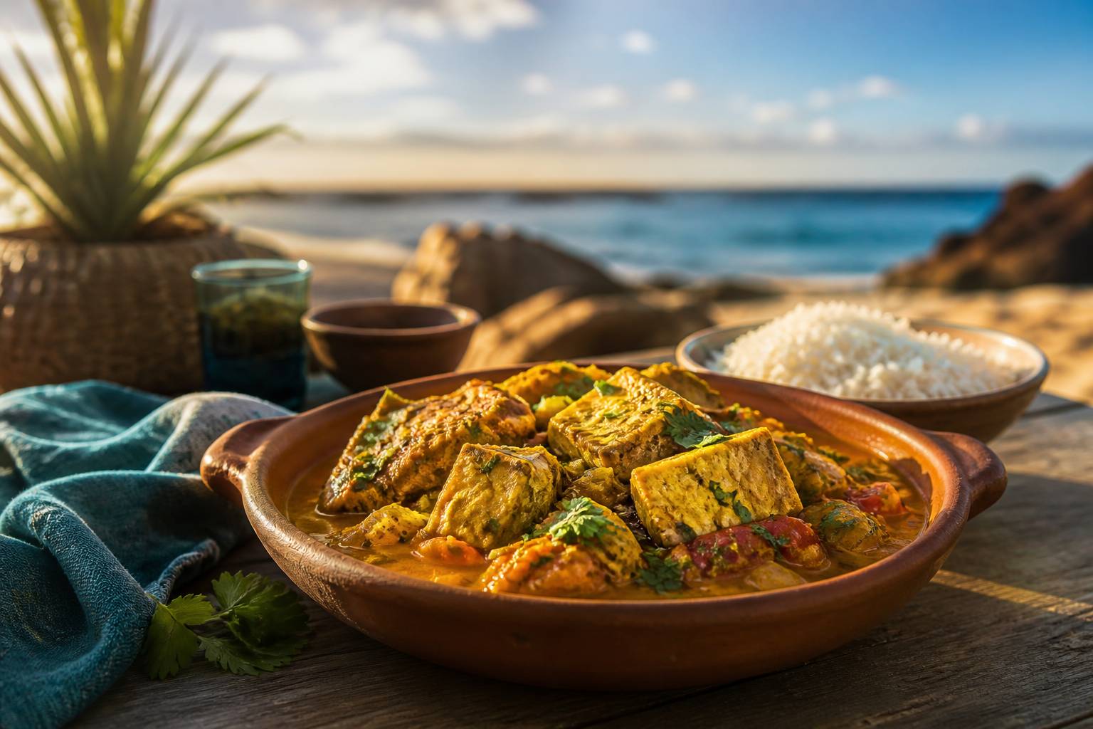 Cari de thon réunionnais dans un plat en terre cuite avec riz blanc