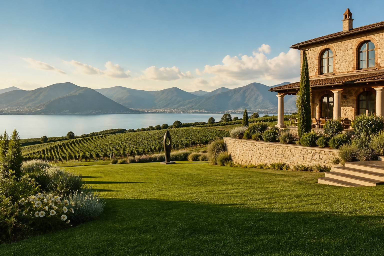 Domaine viticole de Franciacorta avec vignes et lac d'Iseo