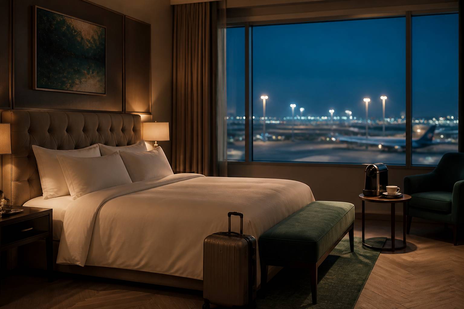 Chambre d'hôtel confortable aux draps blancs avec valise