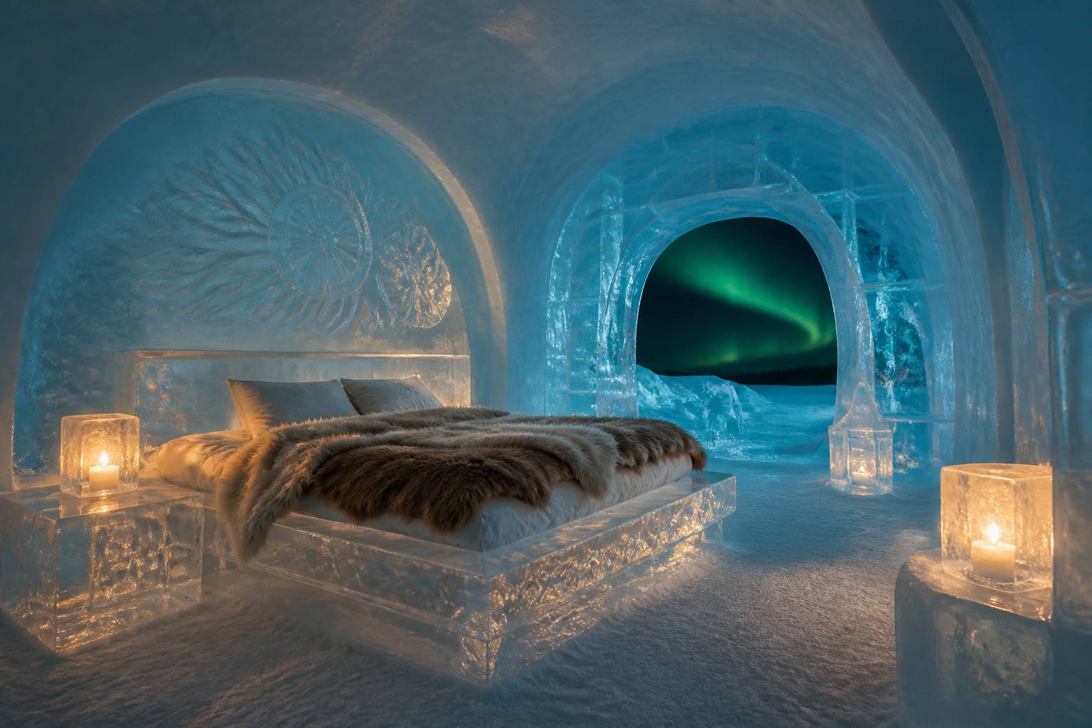 Chambre sculptée dans la glace avec lit couvert de peaux de renne et bougie dans un bloc de glace