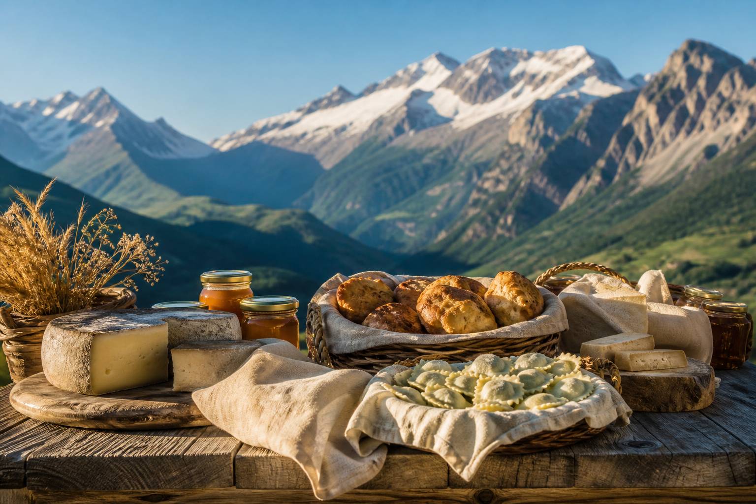 Étal de marché montagnard avec fromages, tourtons et miel