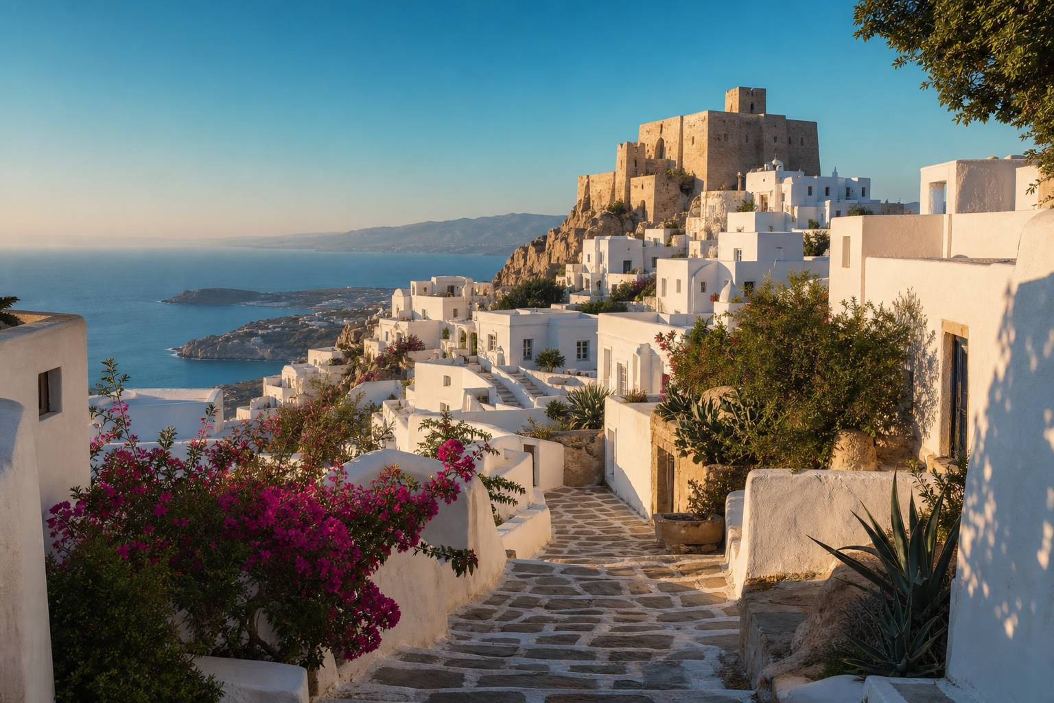 Ville blanche de Chora sur l'île de Naxos avec maisons cubiques, château vénitien et mer Égée