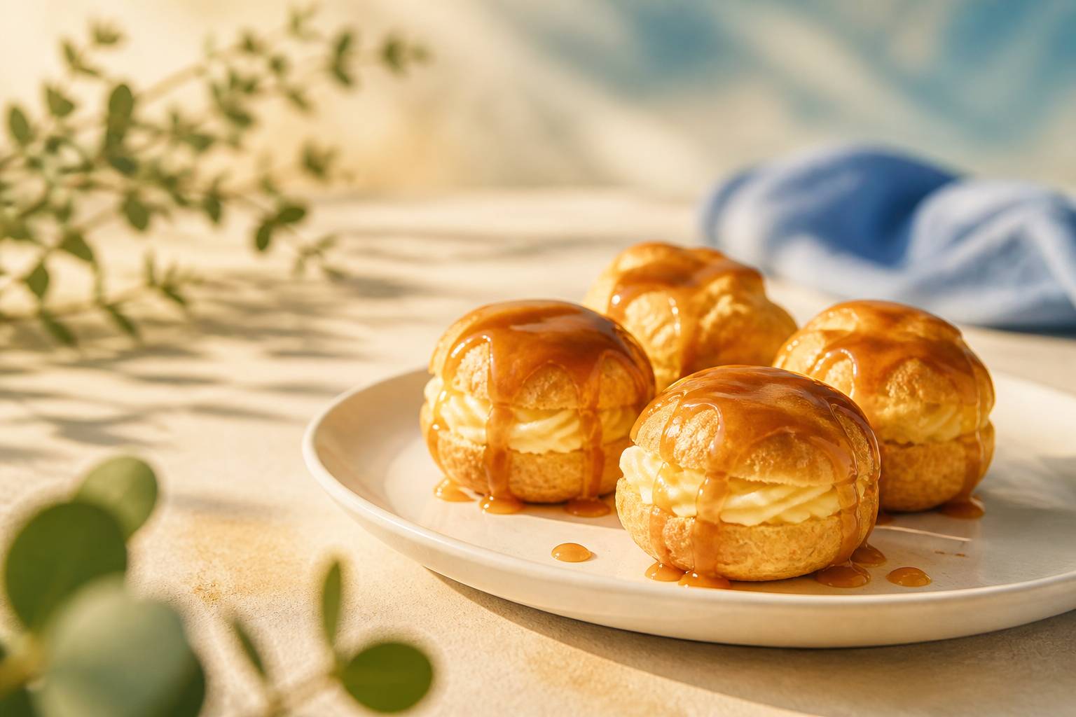 Choux à la crème dorés nappés de caramel sur une assiette blanche