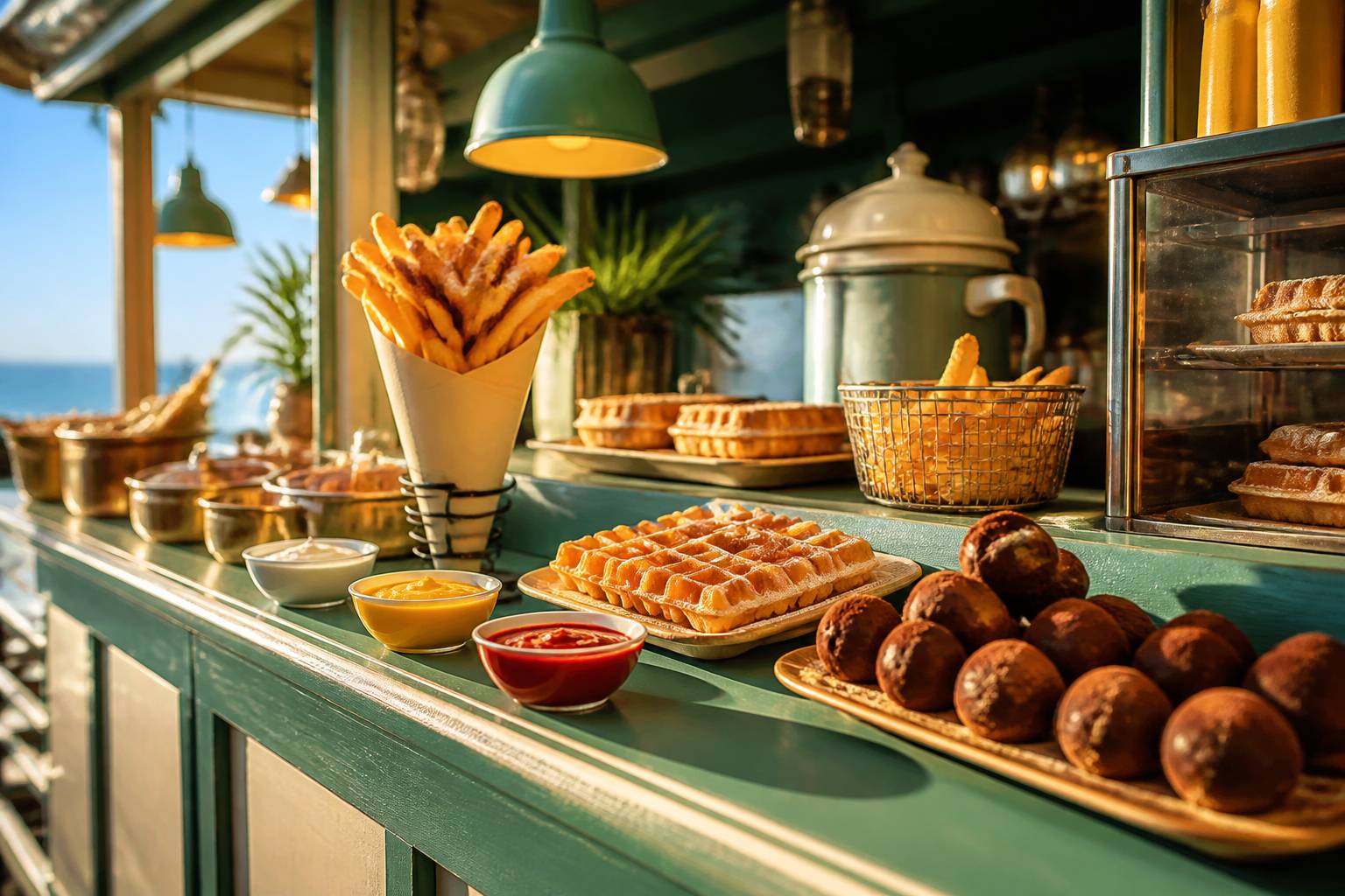 Comptoir de friterie avec frites en cornet, gaufre chaude et truffes de chocolat