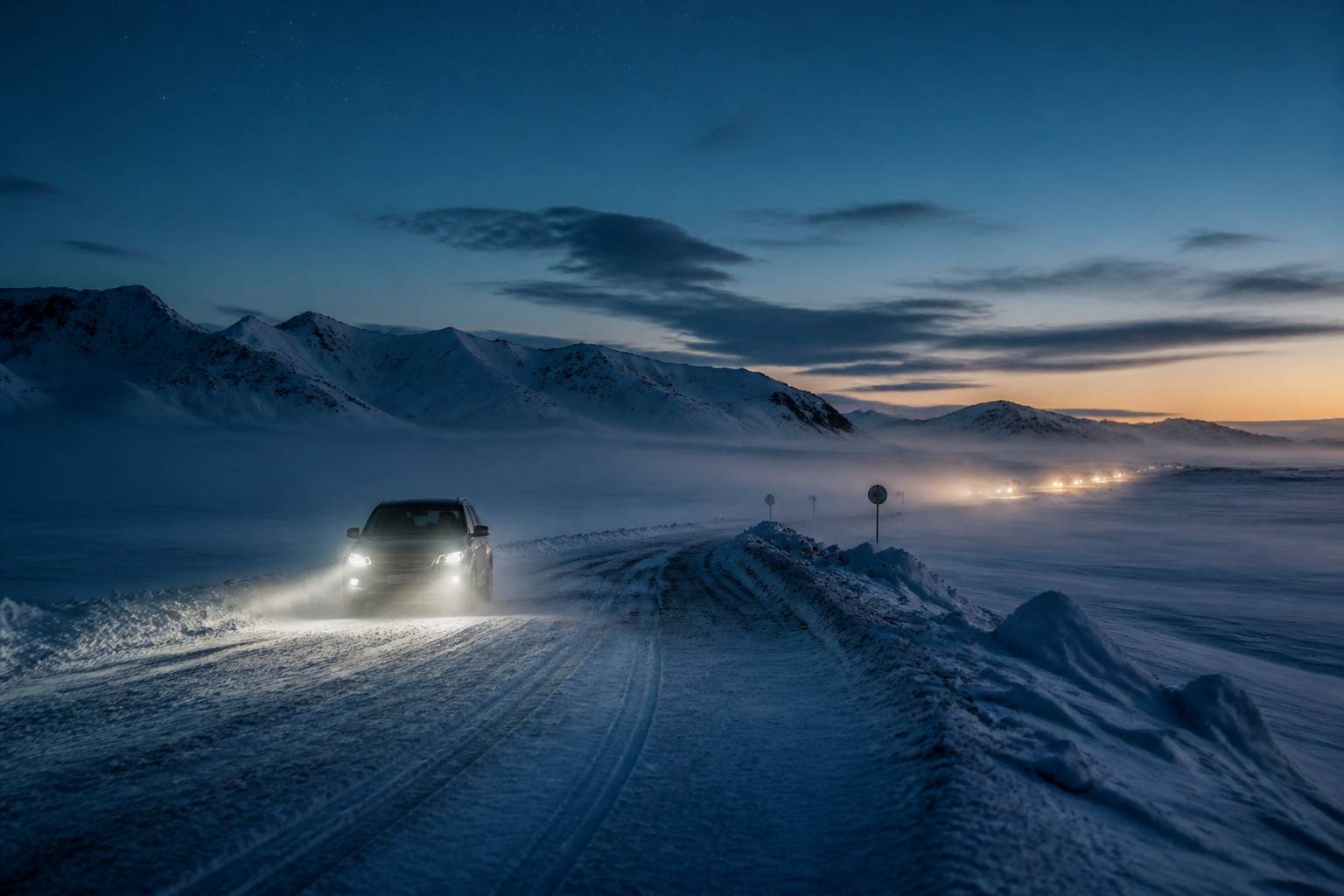 Voiture roulant sur une route enneigée la nuit en convoi