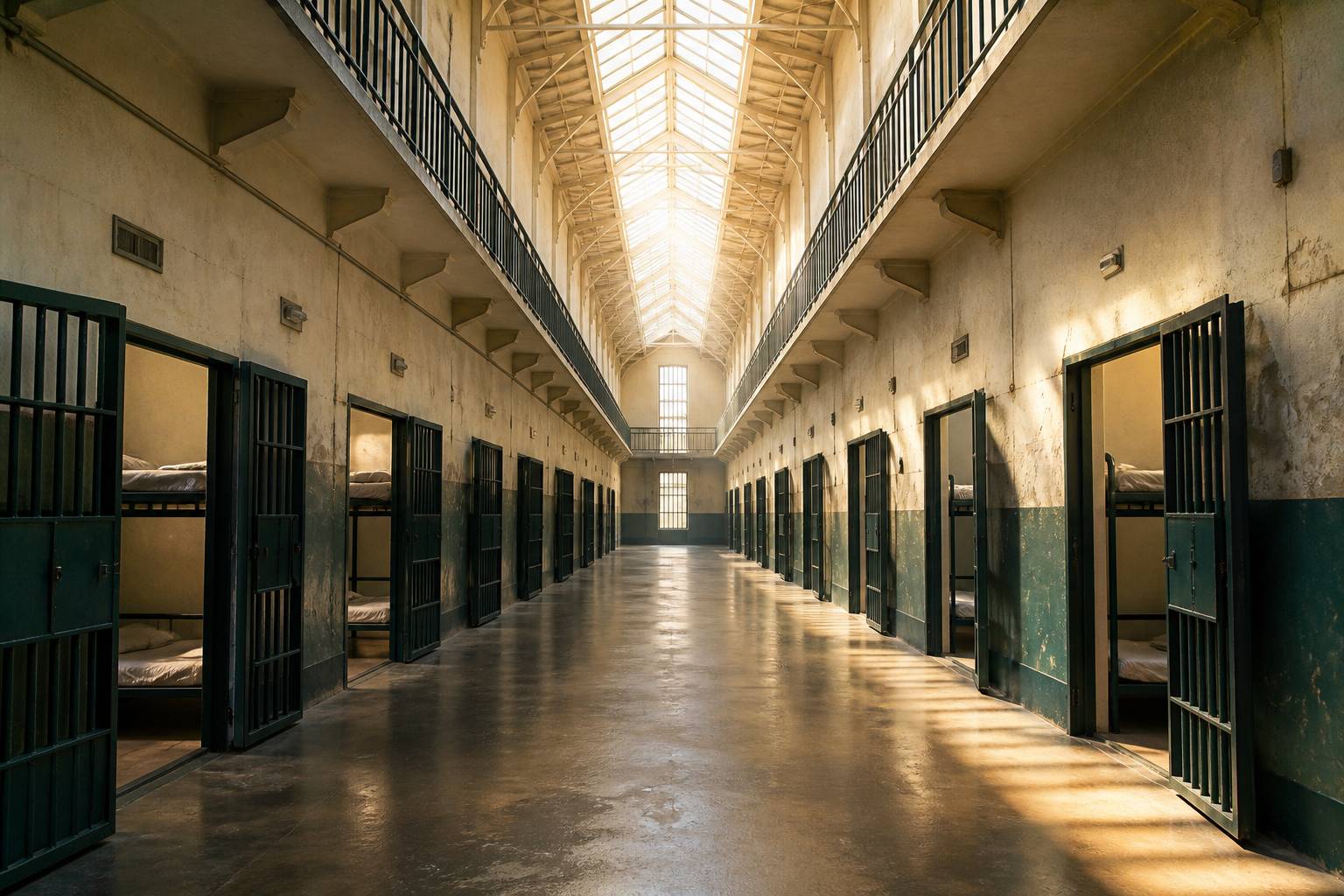 Couloir d'une ancienne prison avec des rangées de cellules