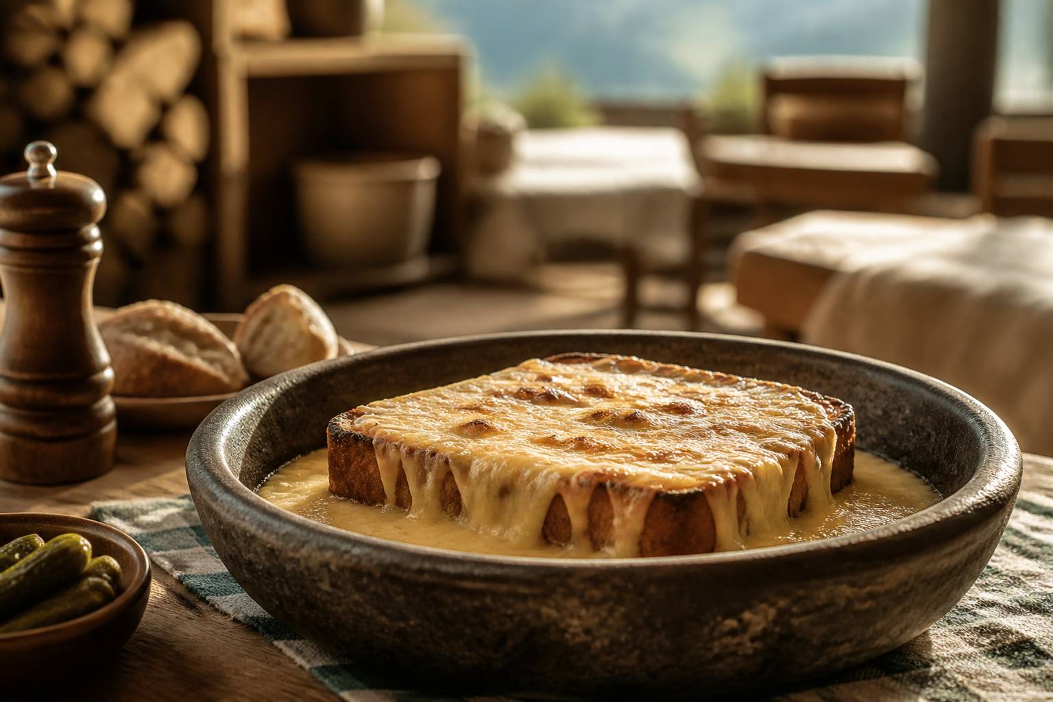 Croûte au fromage valaisanne servie dans une marmite en pierre sur table rustique