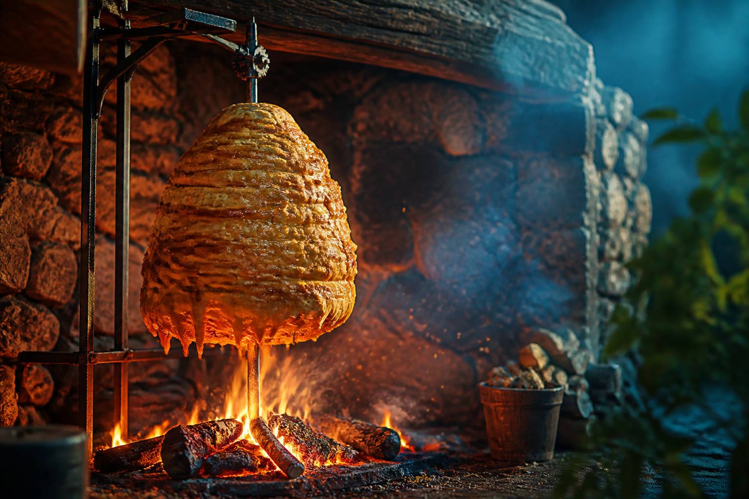 Gâteau à la broche en cuisson sur broche rotative au-dessus des braises