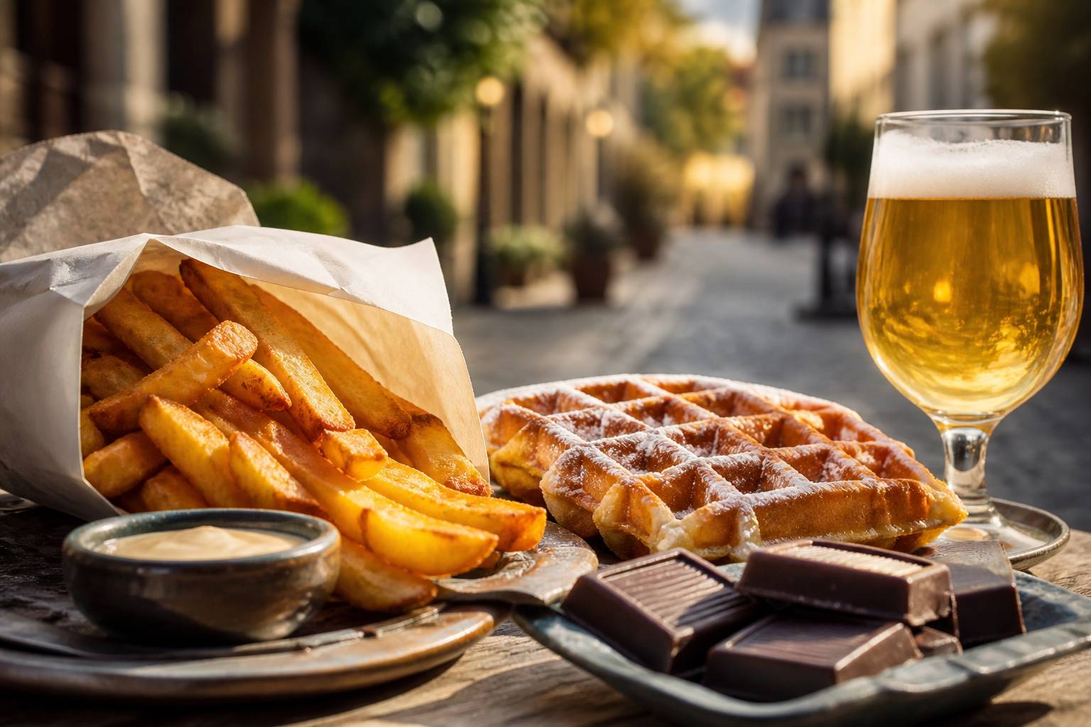 Table de dégustation belge avec frites, gaufre, chocolat et un verre de bière