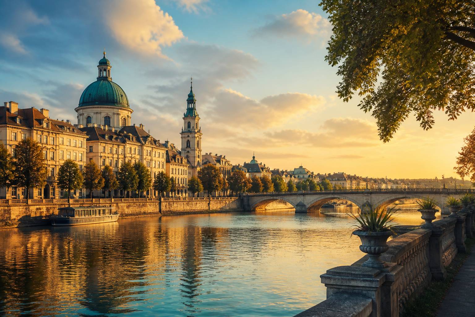 Ville européenne baroque générique au bord d'un fleuve au couchant