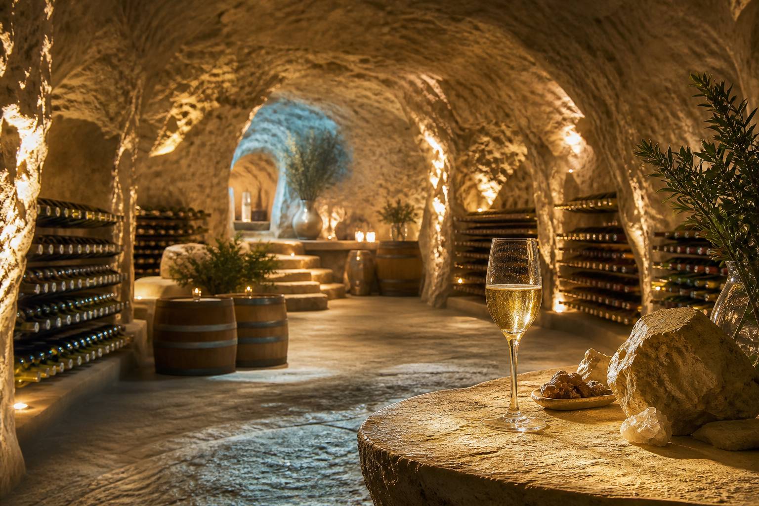 Cave voûtée avec rangées de bouteilles de Franciacorta et une flûte