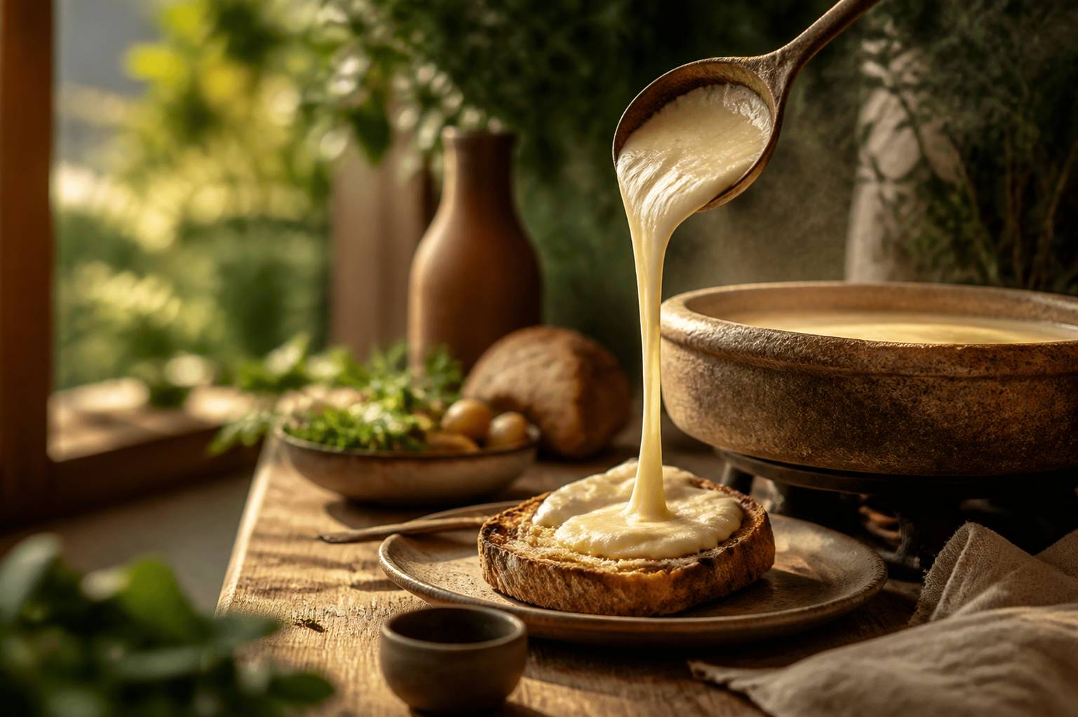 Fromage fondu crémeux versé sur une tranche de pain de campagne grillé
