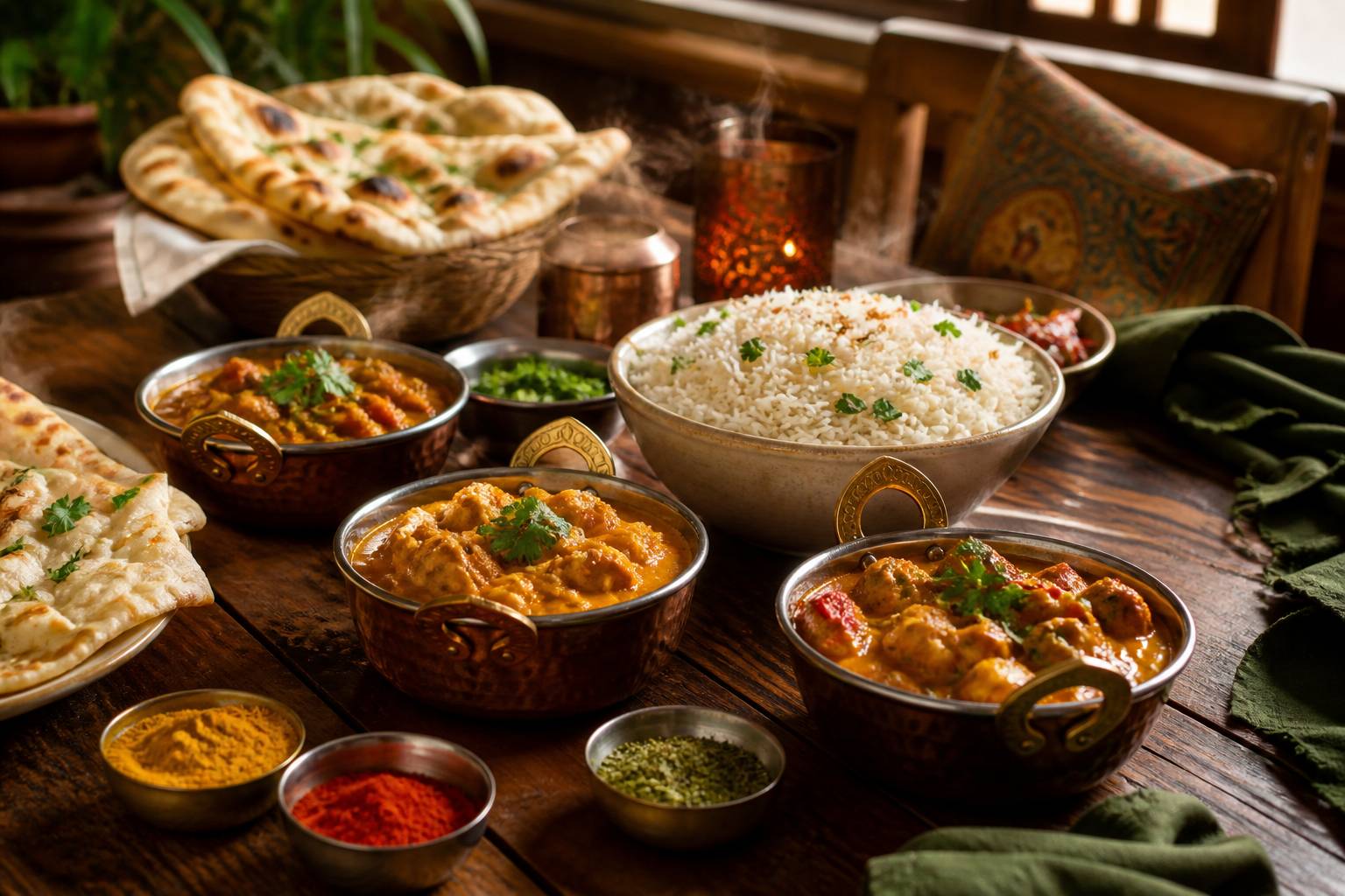 Table de restaurant indien avec curry doré, naans et riz basmati dans des plats en cuivre