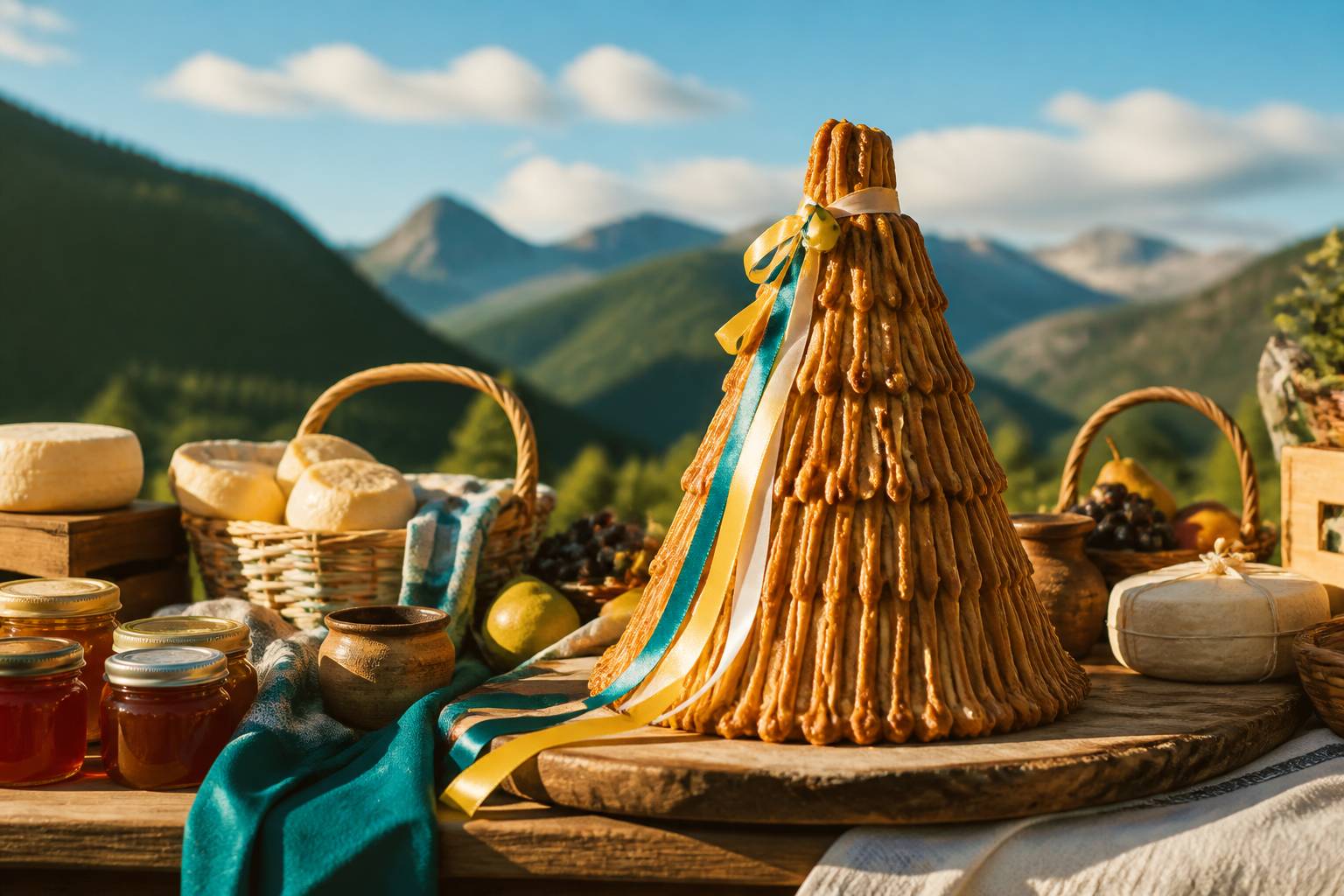 Gâteau à la broche conique aux couches dorées sur une planche en bois