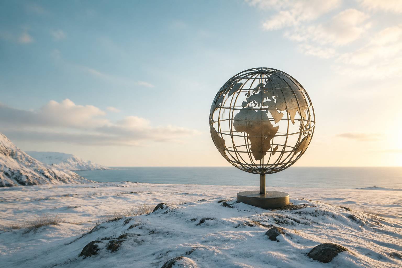Globe métallique sur le plateau enneigé du Cap Nord