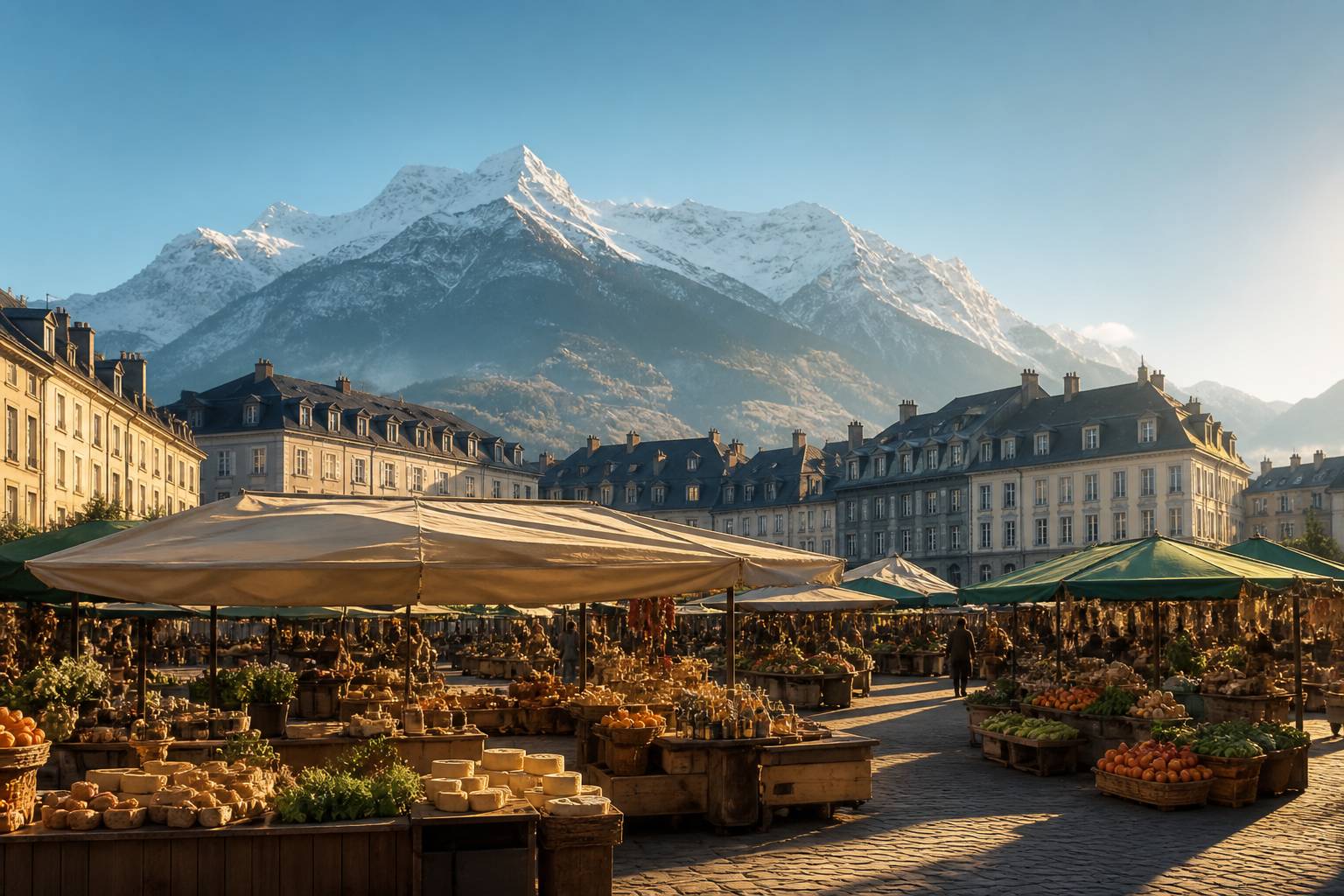 Vue de Grenoble avec les montagnes en arrière-plan et une place de marché gourmande