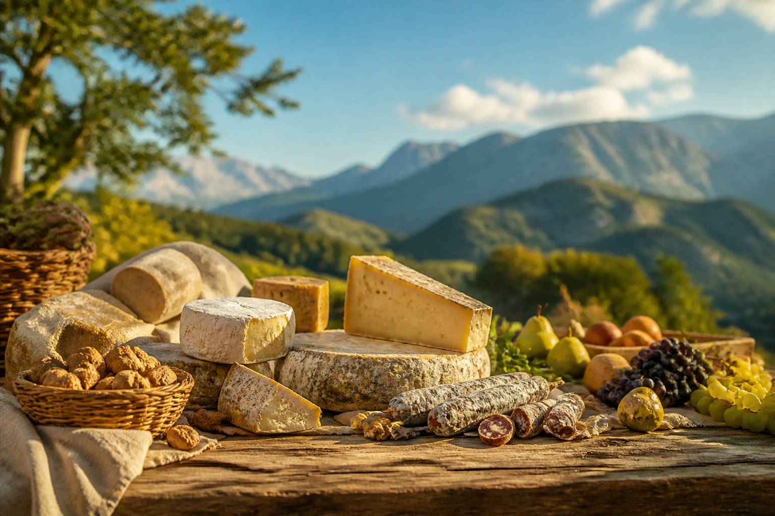 Étal de marché à Grenoble avec fromages, noix et produits régionaux des Alpes