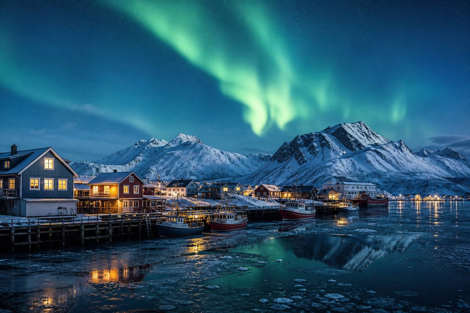 Petit port de pêche arctique sous la nuit polaire avec aurores
