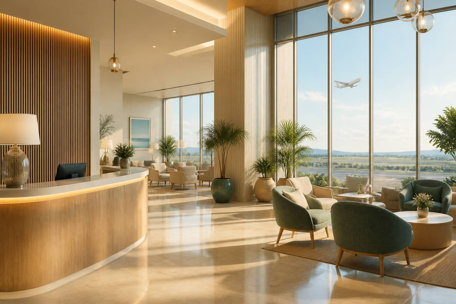 Hall d'hôtel moderne et lumineux près d'un aéroport