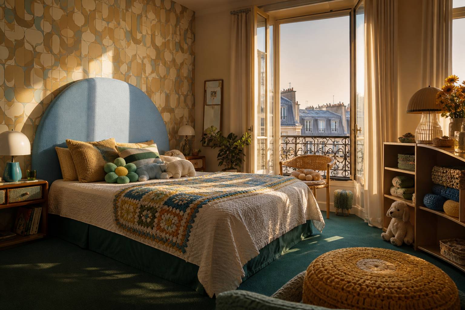 Chambre d'hôtel parisienne au décor rétro avec peluches colorées