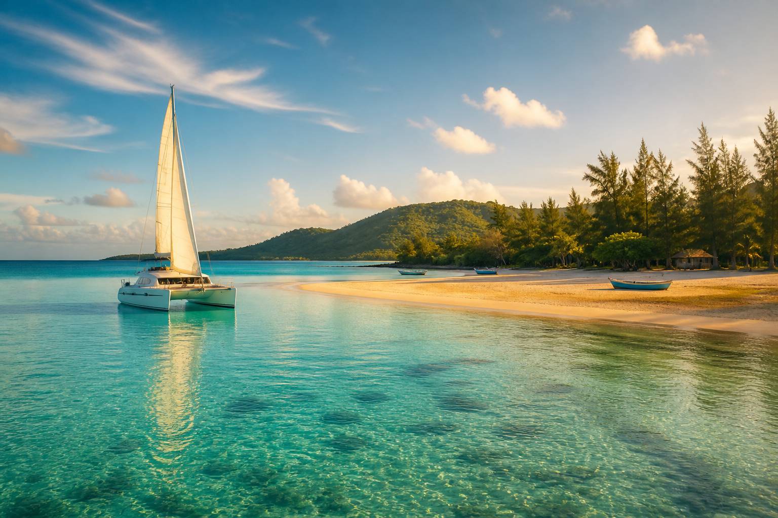 Catamaran à voile sur un lagon turquoise à l'Île Maurice