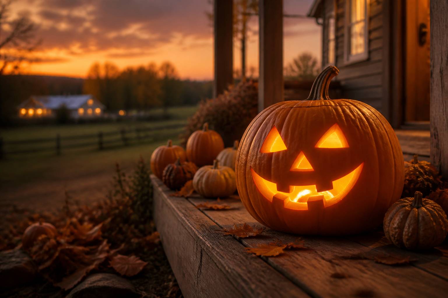 Citrouille Jack O'Lantern sculptée et lumineuse posée sur un porche en bois en soirée d'automne