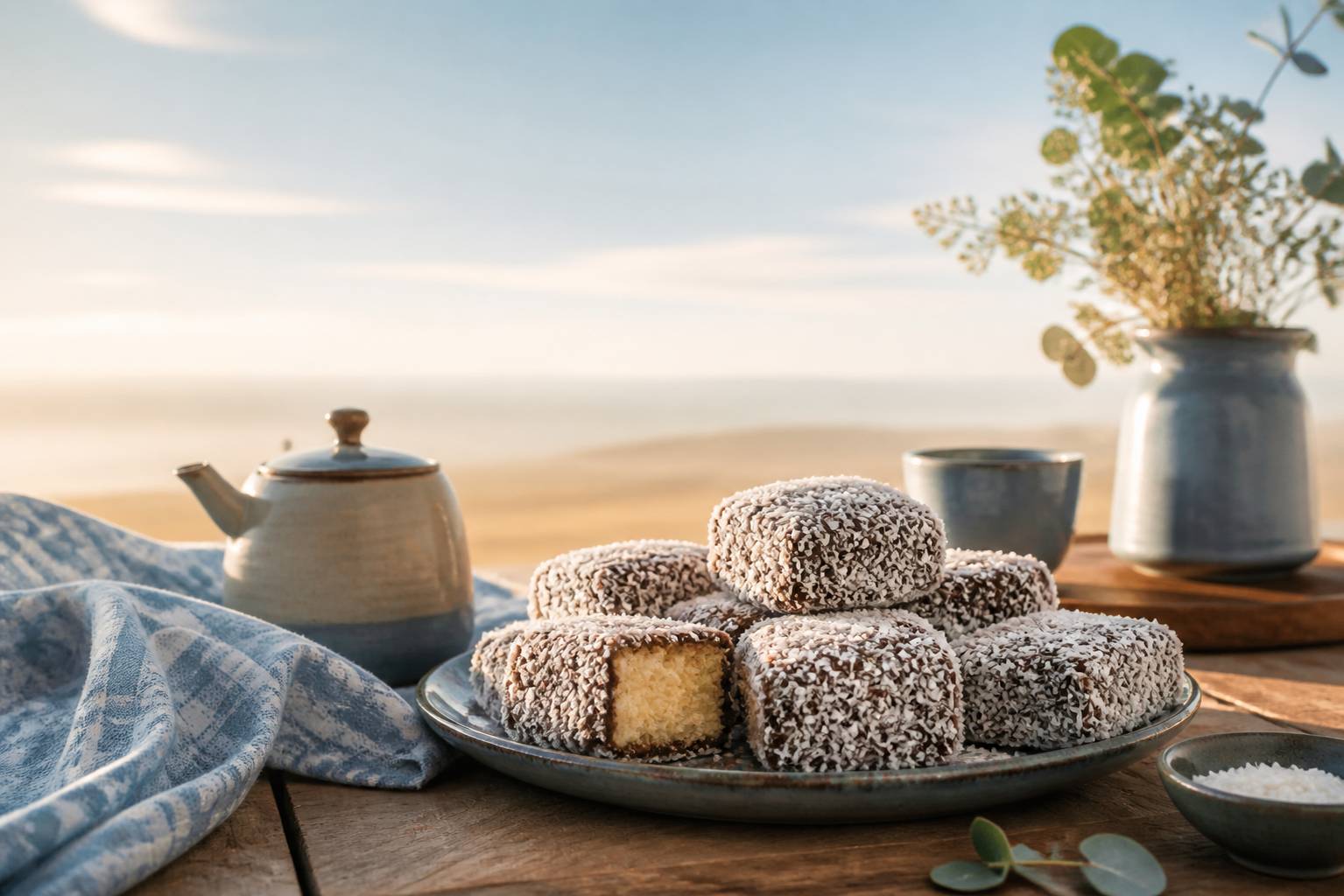 Lamingtons australiens, cubes de génoise enrobés de chocolat et de noix de coco râpée