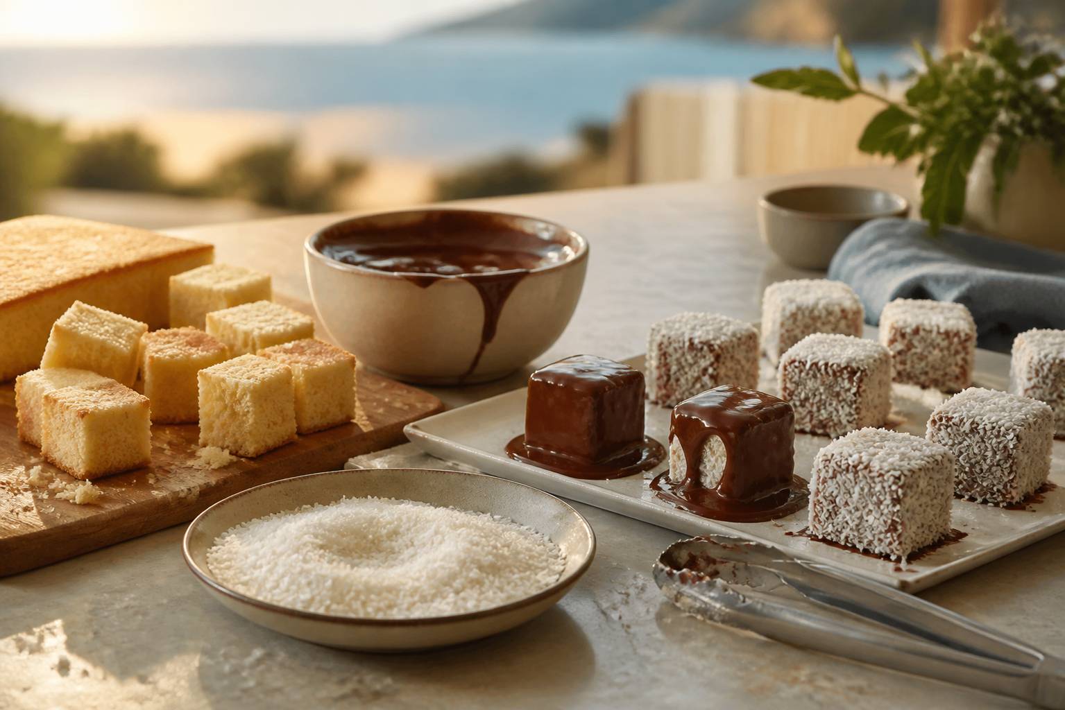 Lamingtons maison sur une assiette avec génoise, glaçage chocolat et noix de coco