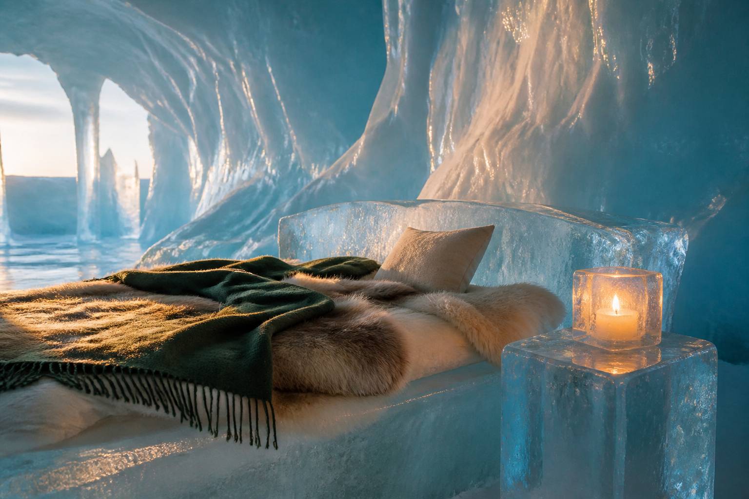 Banquette de glace couverte de peaux de renne et couvertures épaisses avec bougie dans la glace