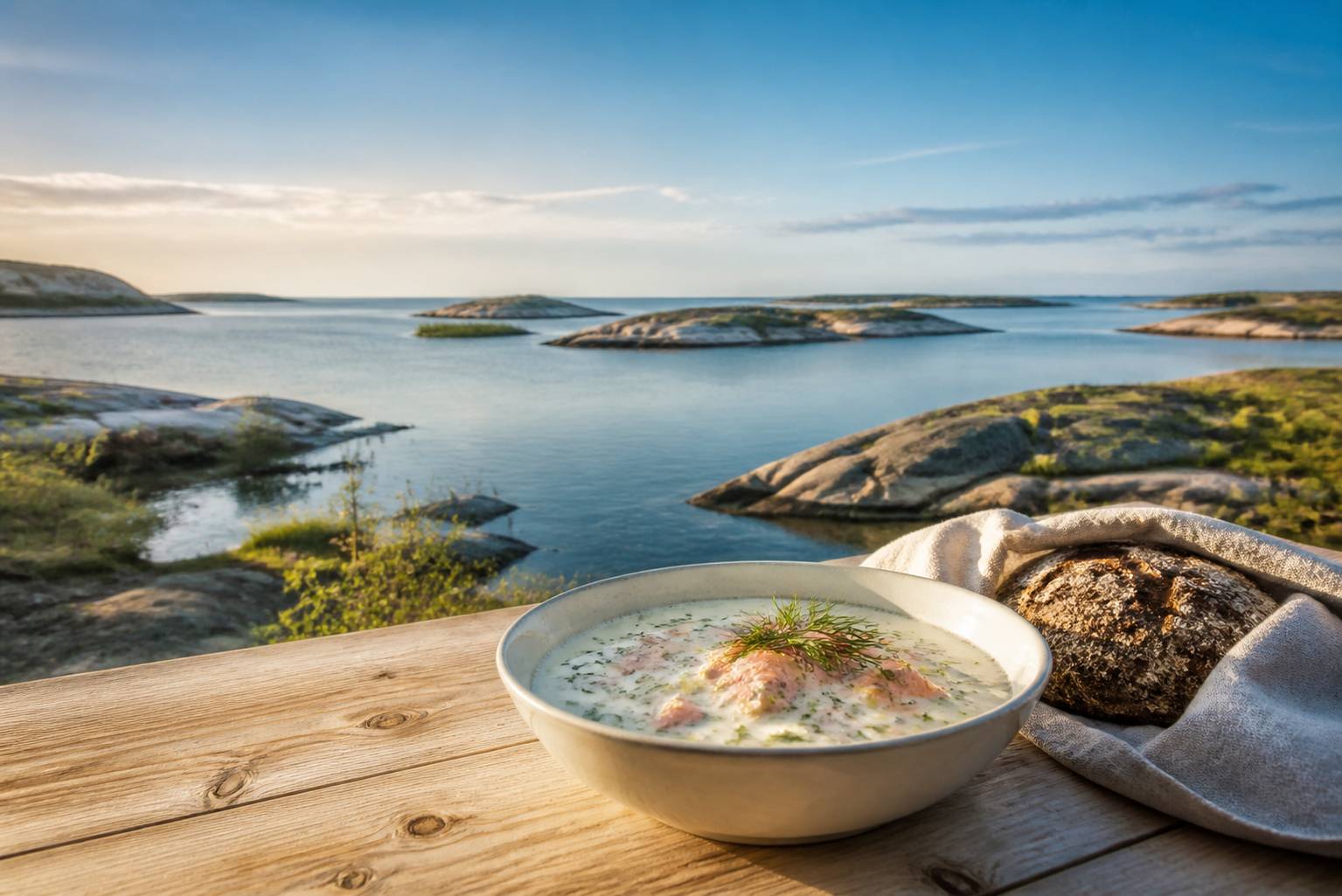 Bol de soupe de saumon finlandaise avec pommes de terre, crème et aneth frais